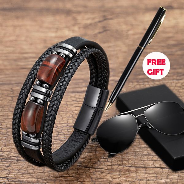 Ojelle Tiger eye multi-layer leather rope bracelet  stainless steel magnet buckle + Polarized sunglasses + ballpoint pen