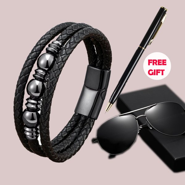 Ojelle Bubble Multi-layer woven leather  stainless steel buckle bracelet  + Polarized sunglasses + ballpoint pen